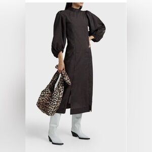 GANNI Balloon Sleeve Gingham Seersucker Midi Dress